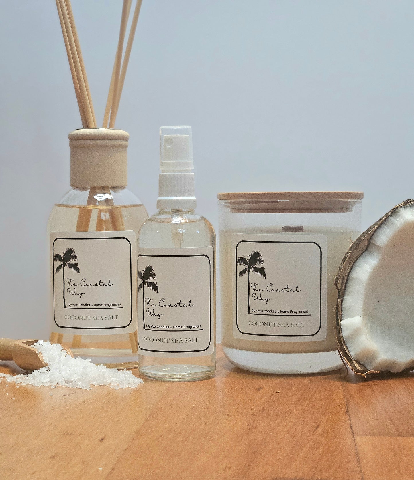 Coastal Essence Set: Soy Wax Candle, Reed Diffuser & Room Spray