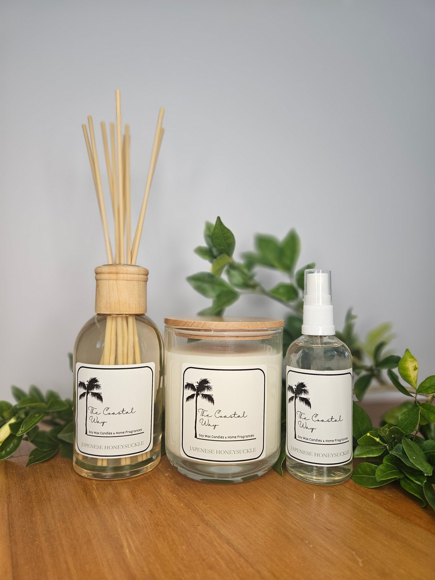 Coastal Essence Set: Soy Wax Candle, Reed Diffuser & Room Spray