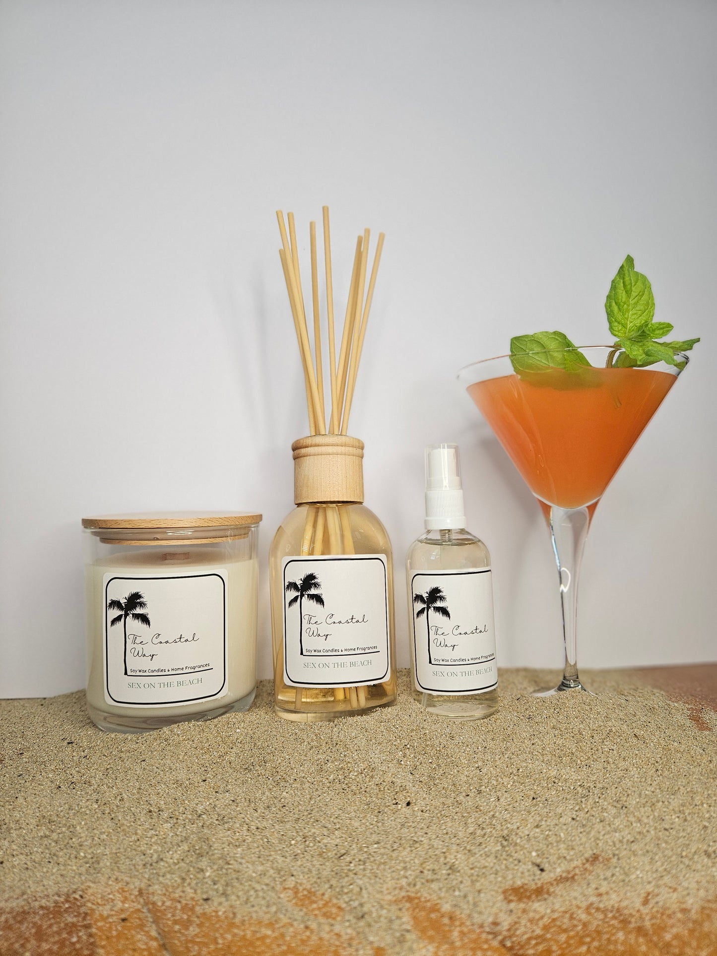 Coastal Essence Set: Soy Wax Candle, Reed Diffuser & Room Spray