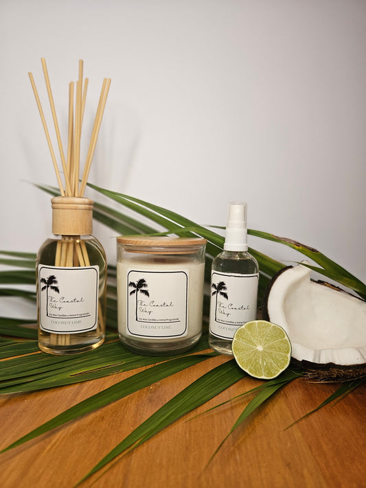 Coastal Essence Set: Soy Wax Candle, Reed Diffuser & Room Spray